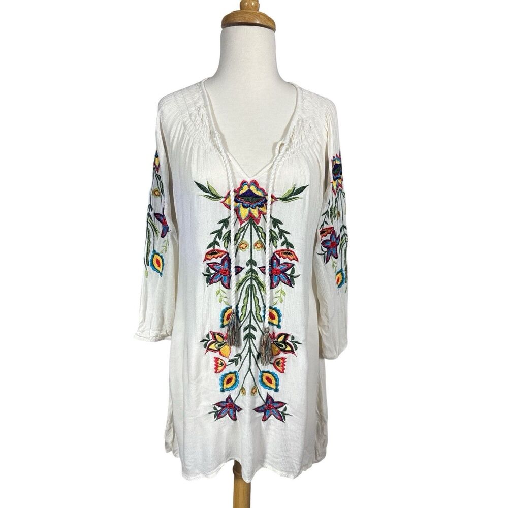 Embroidered Floral BOHO Peasant Tunic Blouse Tassels Sz S